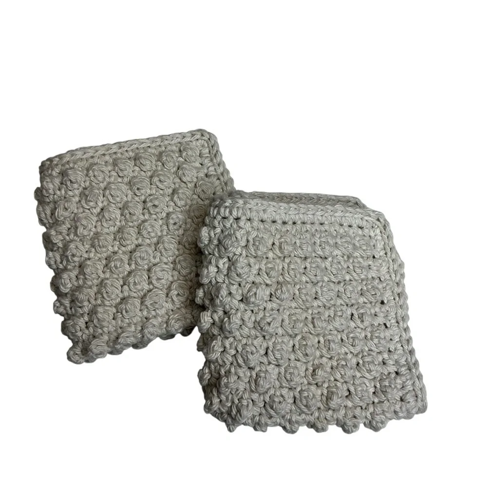 Pair of Crochet Dotty Dishcloth Washcloths Cream Cotton Handcrafted‎ Handmade